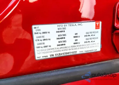 2017 Tesla Model S z USA, uszkodzony, nr VIN 5YJSA1E28HF215032